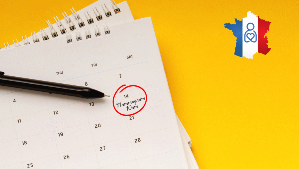 A Calendar page with a date marked with a red circle with mammogram 10am written , on a yellow background with the hello santé logo