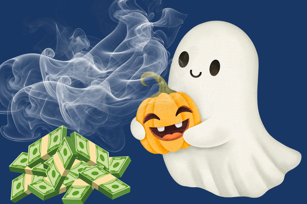 a white smiling ghost holding a happy pumpkin, looking at a pile of money with smoke coming out of it