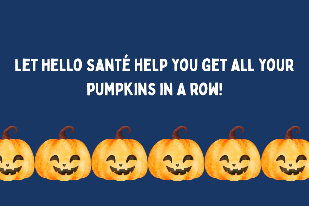 A line of happy smiling pumpkins with a navy blue background and a caption in white.