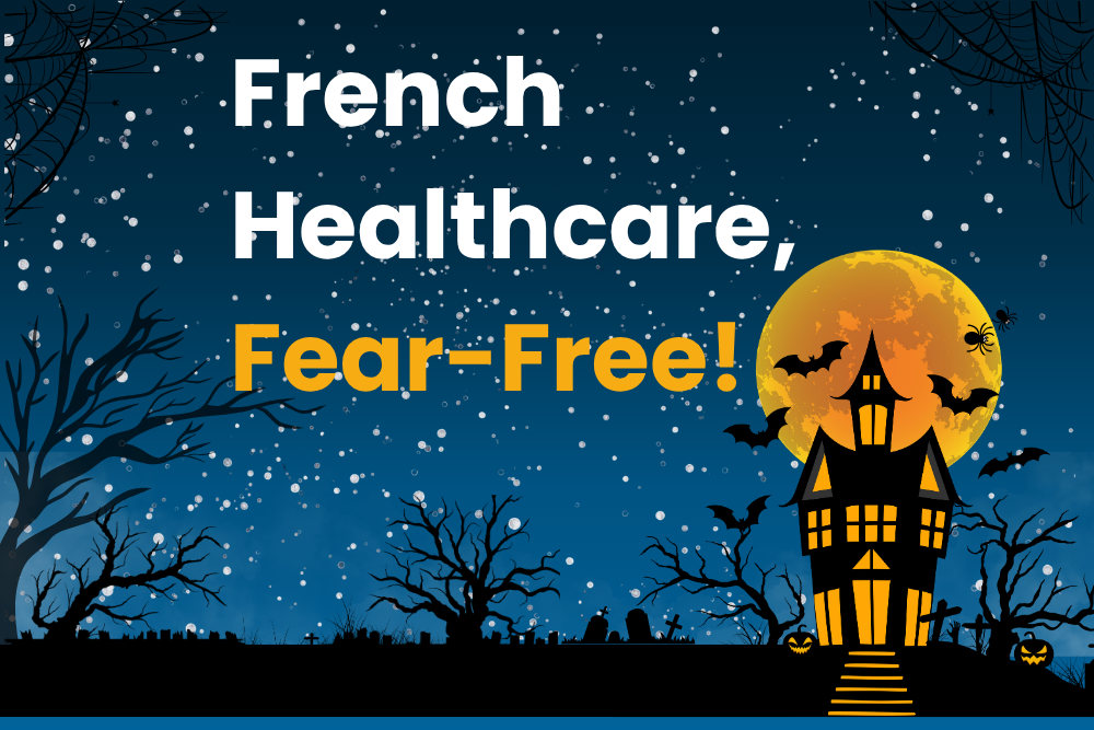 Halloween themed scene with dark stary night with a gtree and garden scene with silhouette trees and gravestonesand a spooky looking house silhouette with an orange moon behind and orange lighting