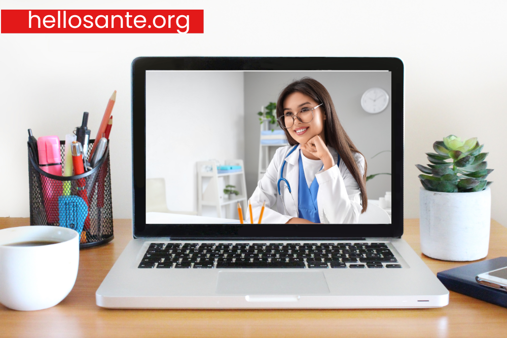 laptop screen with image of a female doctor mid consultation