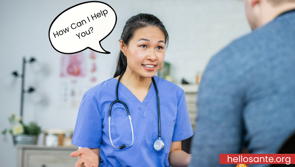 A doctor asking a patient "how can i help you?" in english
