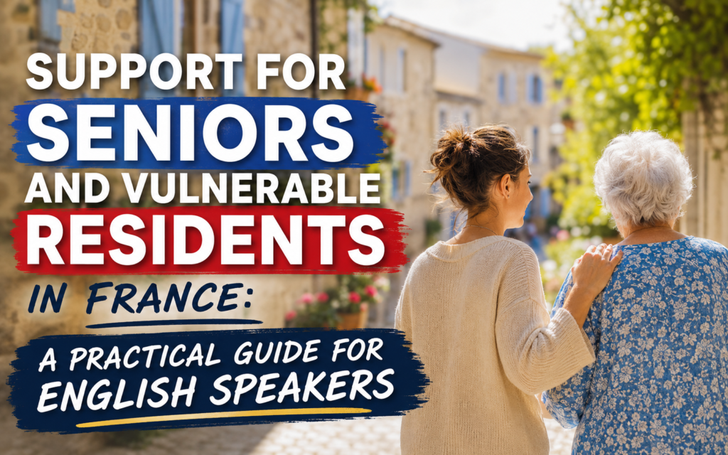 Young caregiver walking alongside an elderly woman in a picturesque French village street, illustrating support services and community assistance available to seniors and vulnerable residents in France.