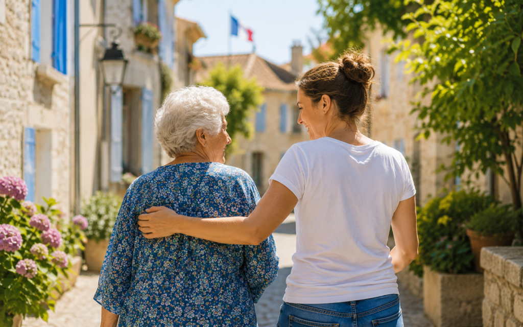 Caregiver walking alongside an elderly woman in a French village, illustrating support and assistance available for seniors and vulnerable residents in France.