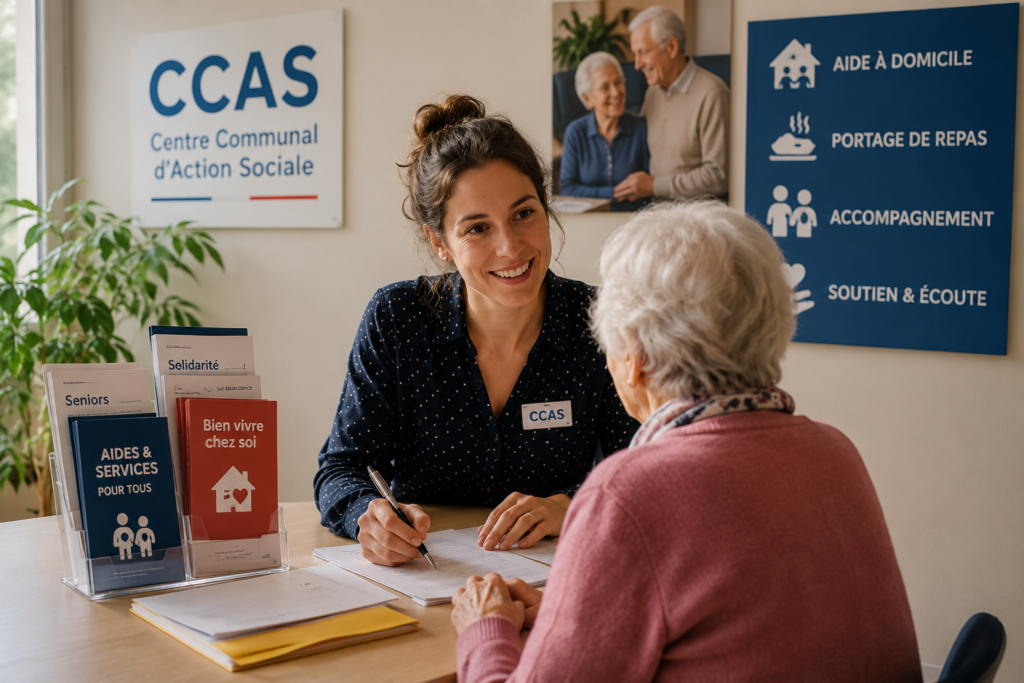Senior woman speaking with a social services advisor in a French community support office, discussing assistance and local support programs.