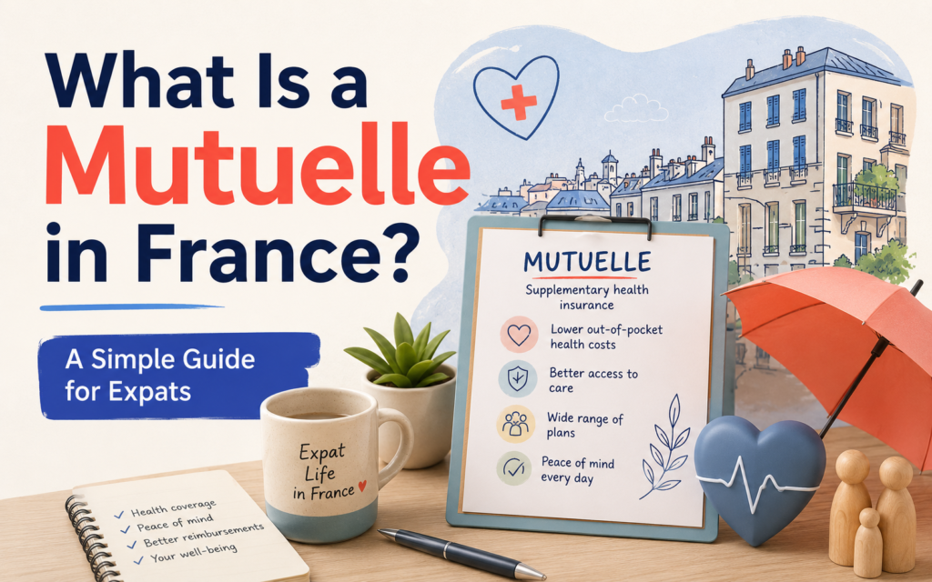 “Featured blog image for an article titled ‘What Is a Mutuelle in France? A Simple Guide for Expats.’ The design shows a modern illustrated French neighborhood scene with a desk setup featuring a clipboard explaining mutuelle health insurance benefits, a coffee mug labeled ‘Expat Life in France,’ a notebook, health icons, and warm lifestyle elements in soft blue, coral, and cream tones.”