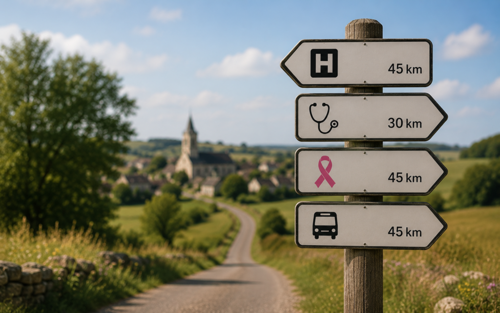 Rural French road sign showing long distances to healthcare and breast screening services in medical desert areas