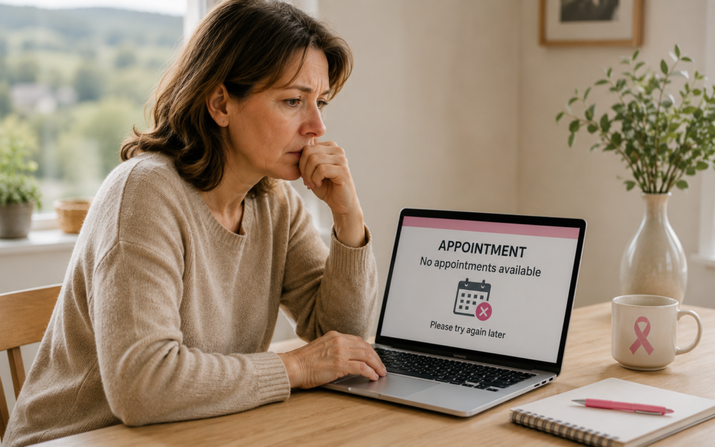 Woman facing digital healthcare booking difficulties and mammogram appointment shortages after COVID in France