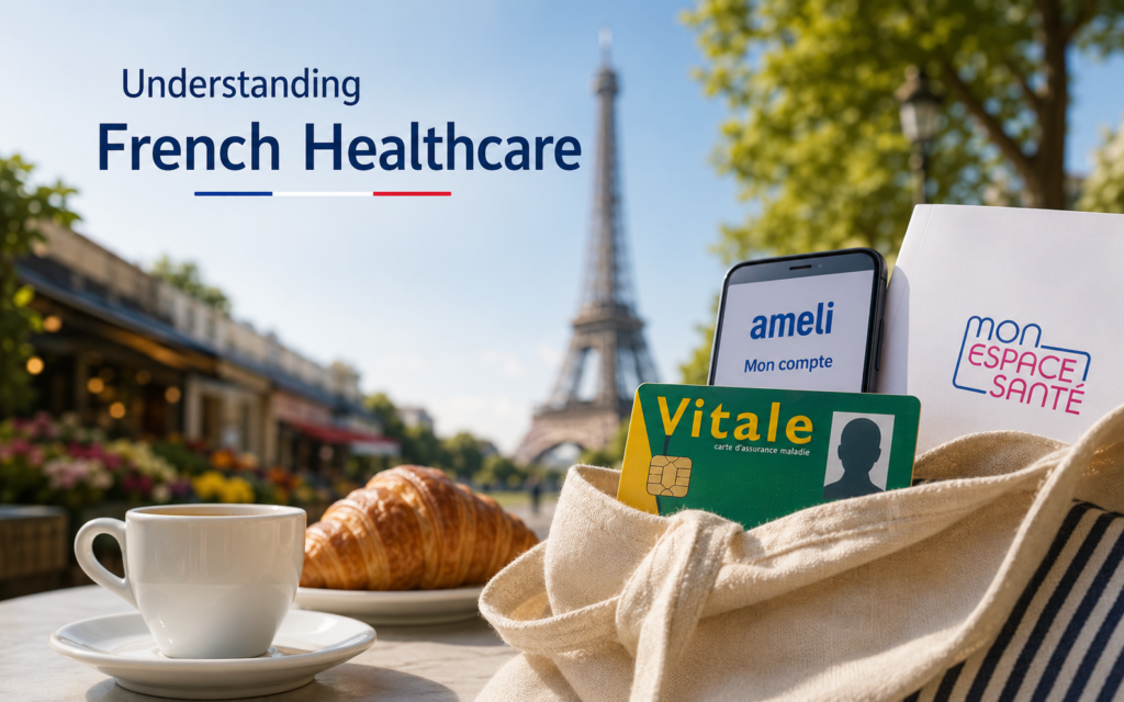 CPAM Explained guide to French healthcare for English speakers living in France with Carte Vitale and Paris background