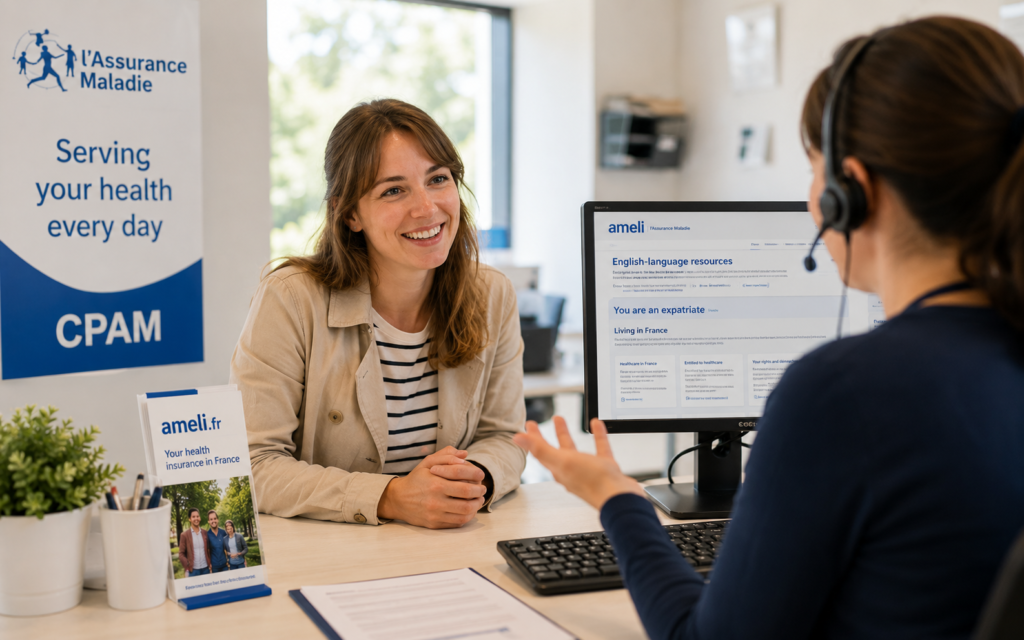 English speaker receiving help at CPAM healthcare office in France