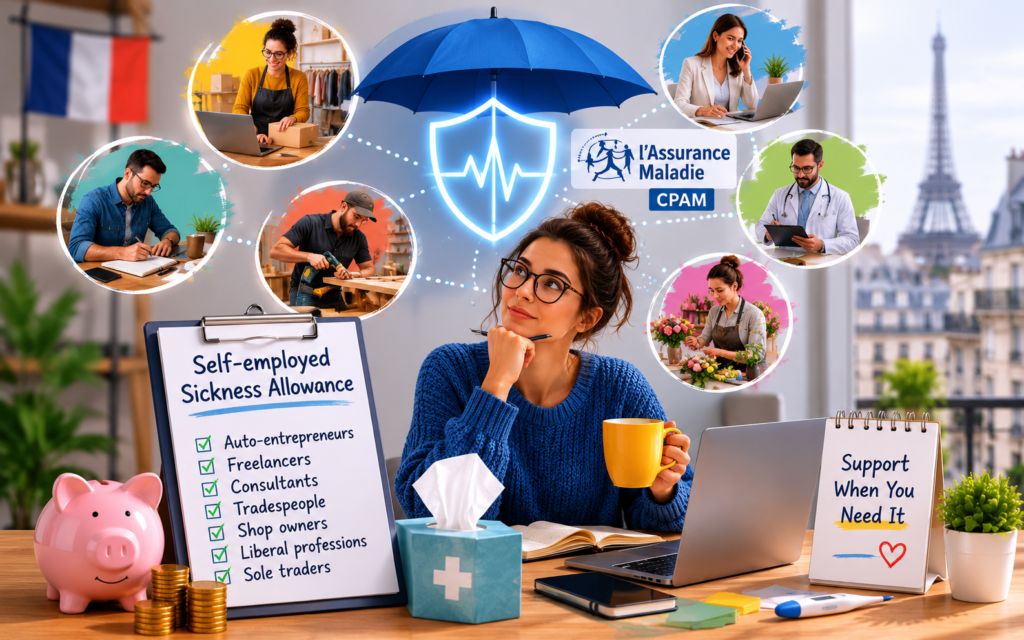 Different types of self-employed professionals in France covered by CPAM sickness benefits.