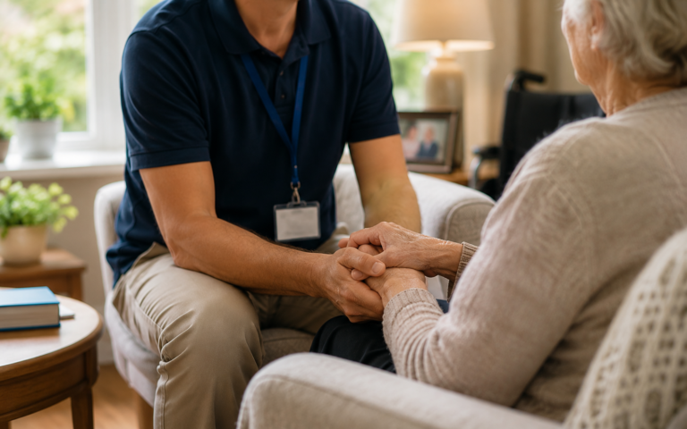 Compassionate home care support for an elderly person in Dordogne, France, illustrating independent living assistance and English-speaking care services.