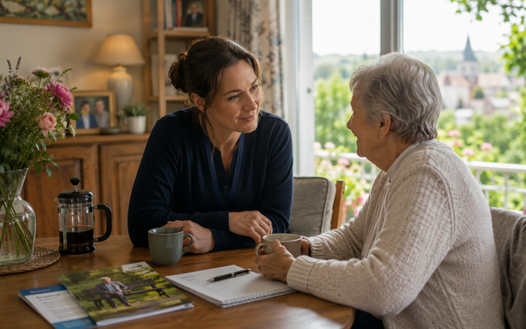 English-speaking care support worker providing companionship and guidance to an elderly expatriate at home in Dordogne, France.