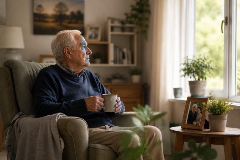 Elderly man living independently at home in France, reflecting while looking out of a window in a comfortable and familiar environment.