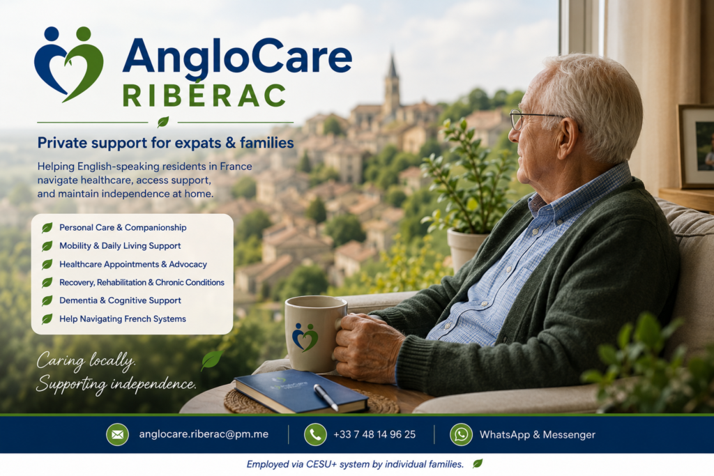 Elderly expatriate enjoying independent living at home in Dordogne, France, supported by personalised care, companionship, and advocacy services.