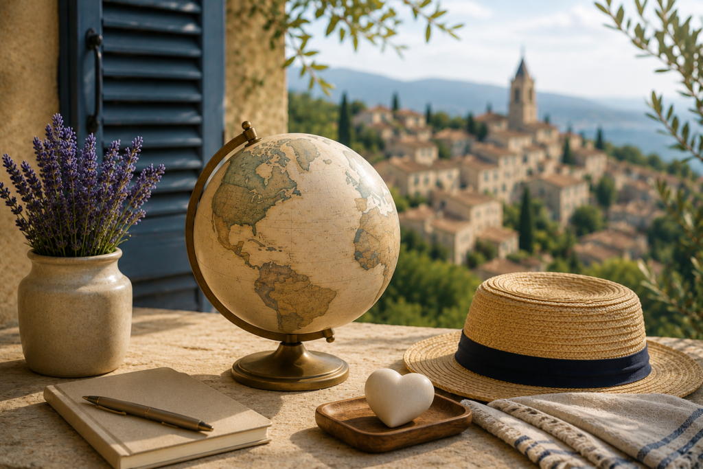 Globe and travel items overlooking a French village for American retirees planning healthcare in France