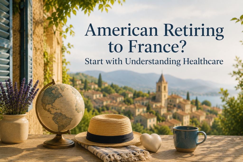 American retiring to France planning healthcare with a French village in the background