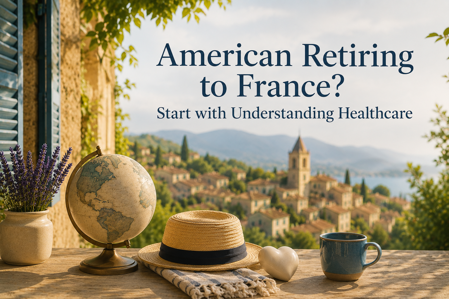 American retiring to France planning healthcare with a French village in the background