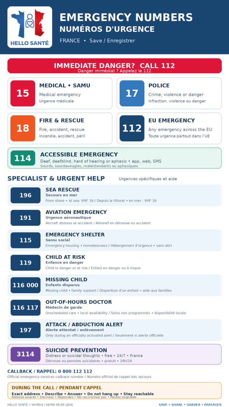 Emergency and urgent-help telephone numbers for English speakers in France, with French translations.