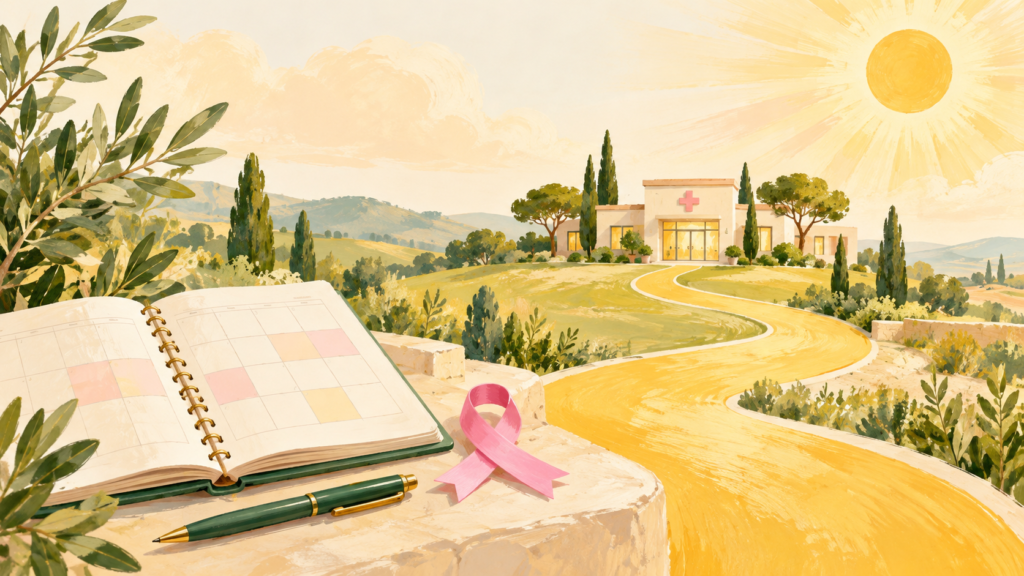 An appointment diary and pink awareness ribbon beside a golden path leading towards a healthcare building